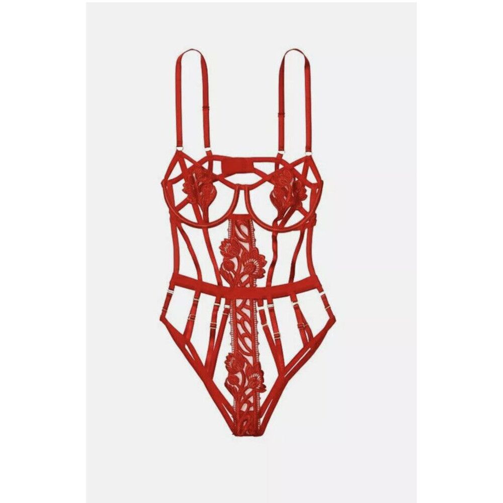 Victoria's Secret VERY SEXY Embroidered Teddy Band Of Love Ouvert‎ Red M Banded
